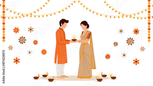 Traditional indian celebration with diyas and floral decorations