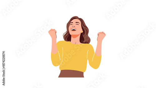 Joyful woman celebrating success with excitement and happiness in minimalist style