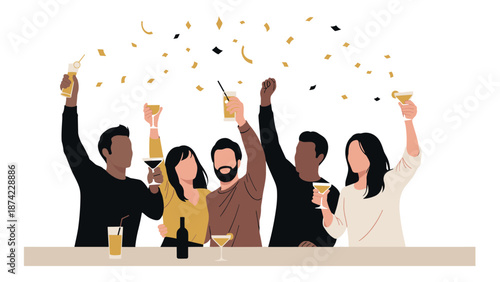 Celebration party scene with friends cheering and toasting in flat sty