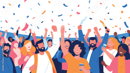 Celebratory group gathering with joyful crowd and colorful confetti in flat design