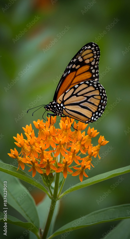 Fototapeta premium Close-up of monarch butterfly on orange flower with green leaves, symbolizing transformation, pollination, and natural beauty, perfect for nature concepts