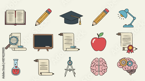 Collection of education and learning icons and symbols.