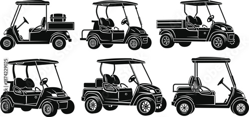 Set of golf cart silhouettes, electric utility vehicle icons, black transportation buggies, industrial maintenance carts, leisure sport car collection, isolated white background, vector illustrations.