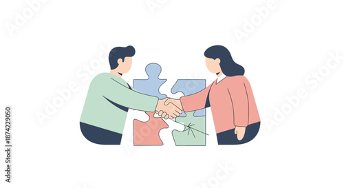Teamwork partnership business agreement handshake between two coworkers completing puzzle pieces with cooperation and collaboration and communication