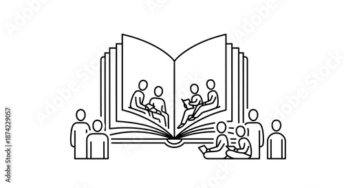 A group of people sitting around and on an open book reading and learning together in a simple line art illustration with education and knowledge
