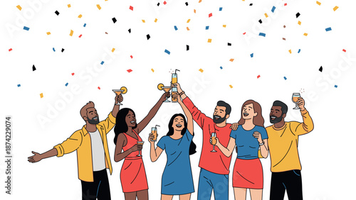 Diverse group celebrating with drinks under falling confetti in colorf