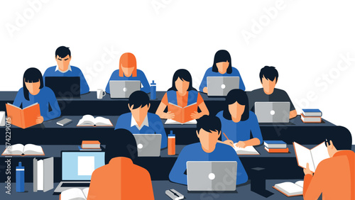 Modern classroom with diverse students studying and collaborating