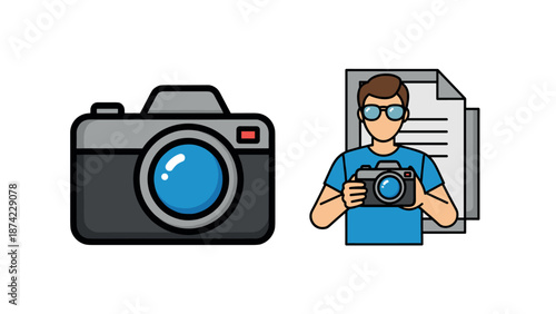 Photography enthusiast with camera icon and document in modern flat de