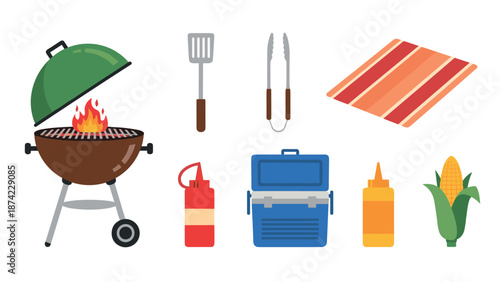 Outdoor barbecue essentials with grilled corn, sauce bottles, and cooler in flat design