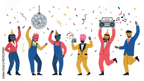 Festive party with dancing characters in colorful costumes and masks