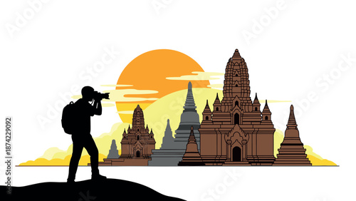 Silhouette photographer capturing temple sunset with vibrant orange sk