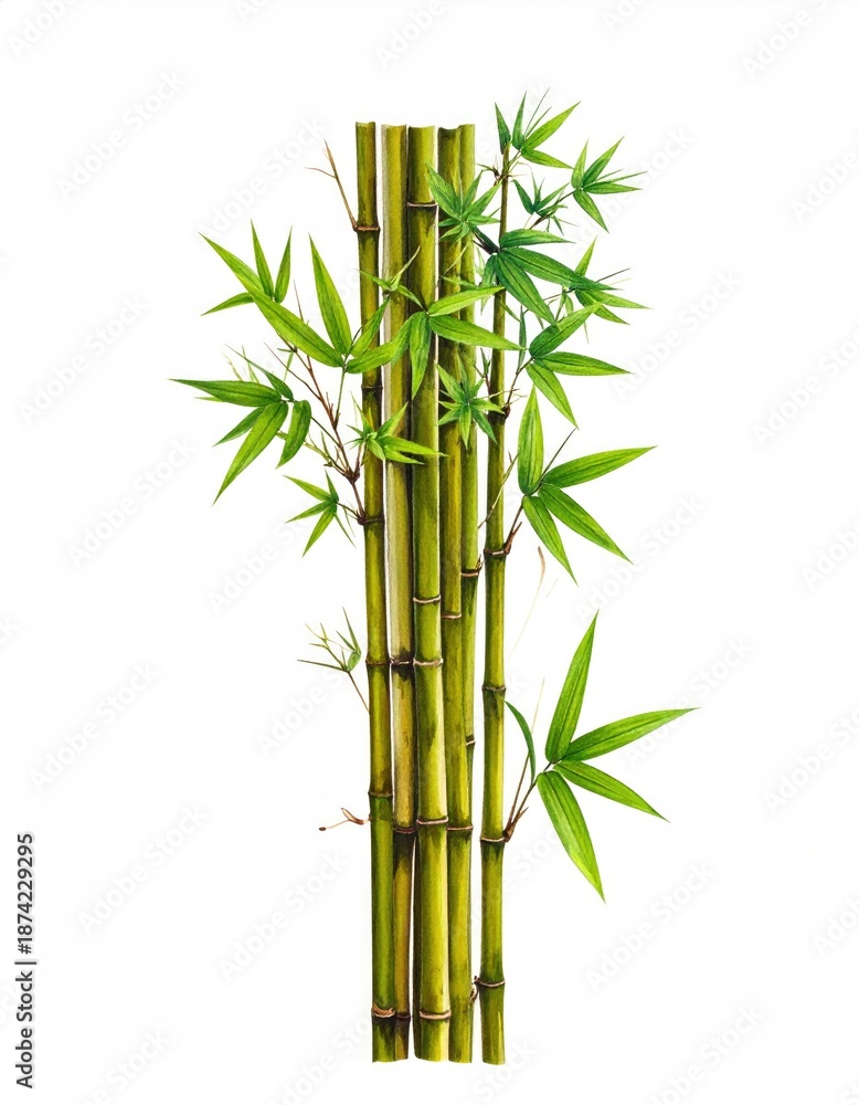 Fototapeta premium Tall bamboo stalks stand tall, displaying green leaves, isolated on clean white backdrop