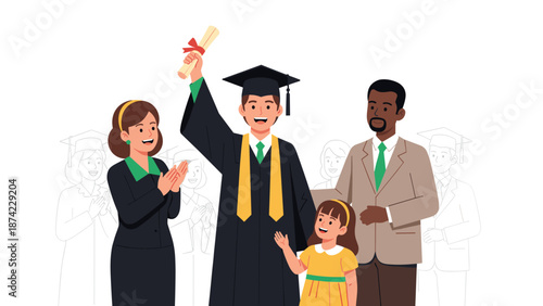 Graduation celebration with family: happy graduates with diplomas and