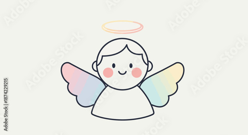 A cute cartoon angel with colorful wings and a halo smiling sweetly with rosy cheeks on a plain background illustration with kawaii and whimsical