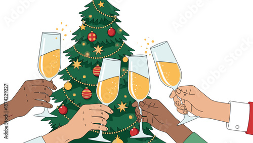 Diverse hands toasting with champagne glasses in front of decorated ch