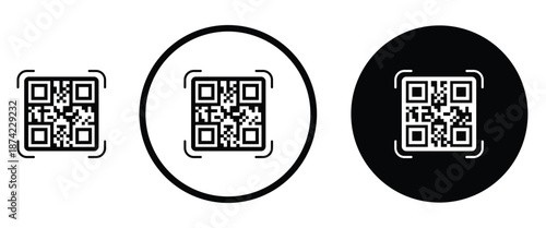 Three minimalist black and white QR code icons arranged horizontally on a transparent background. Left: standard square QR pattern. Center: QR inside thin white circle on black. Right: QR inside thick