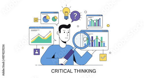 A man analyzing data and thinking critically with graphs charts and a magnifying glass representing problem solving and decision making with critical thinking