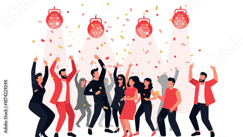 Lively party scene with dancing people and festive lights