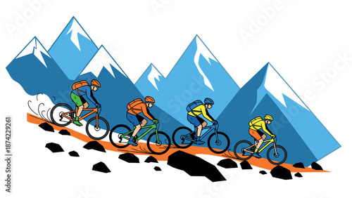 Mountain biking adventure with cyclists in alpine landscape