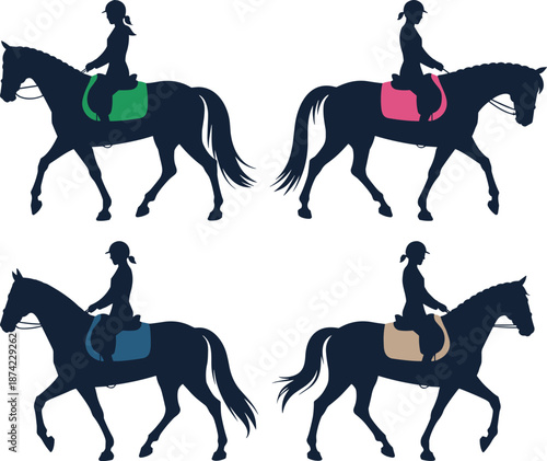 Equestrian rider silhouettes on horses with colorful saddles, dressage riding vector illustration set, horse training artwork for equine design