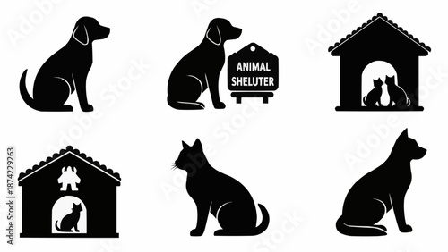 Collection of dog and cat silhouettes with animal shelter icons.
