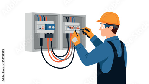 Electrician working on circuit box in safety gear