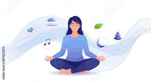 A serene woman meditates cross legged surrounded by calming nature and music elements for relaxation and mindfulness practices with meditation