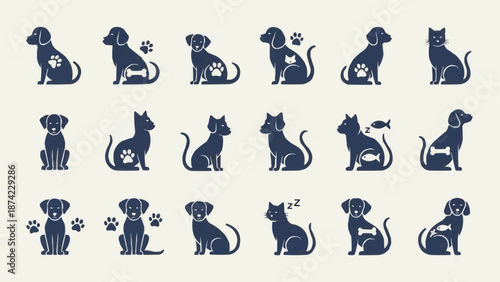 Collection of Dog and Cat Silhouettes with Icons.