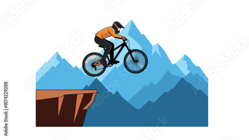 Mountain biker jump over cliff with blue ridge background