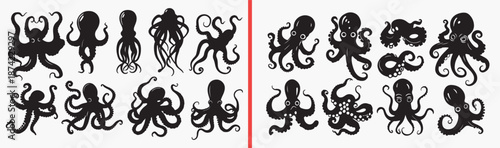 octopus illustration set, sea creature drawing, marine animal artwork, hand drawn octopus design, ocean life sketch, tentacle art illustration, underwater animal clipart, printable octopus artwork, na