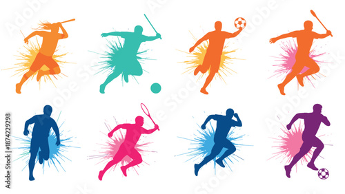 Vibrant silhouette athletes in motion with colorful paint splashes for dynamic sports themes