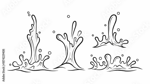 Collection of dynamic water splashes and droplets in a line drawing style.