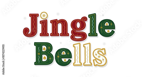 Vibrant christmas jingle bells typography with golden accents on white background for holiday greeting cards and festive decorations with colorful
