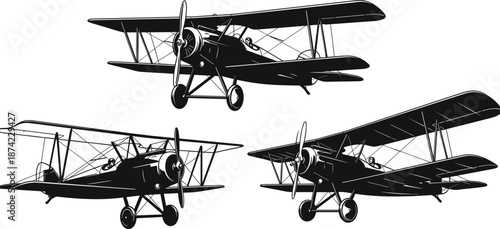 Set of vintage biplane vector illustration, antique propeller aircraft silhouettes, historical aviation design elements, retro airplane graphics, black and white flight icons, aviation art.