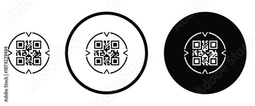 Three minimalist black and white QR code icons arranged horizontally on a transparent background. Left: standard square QR pattern. Center: QR inside thin white circle on black. Right: QR inside thick