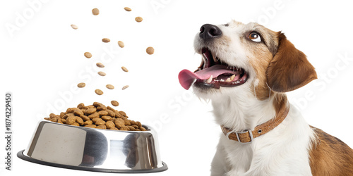 Ultra realistic dog sitting and looking at food being poured from above into a bowl, dog tongue slightly out, excited and focused expression, dry dog food kibble falling vertically into a pet bowl, ma