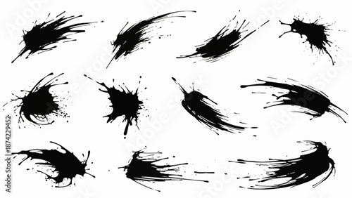 Collection of dynamic black ink splatters and brush strokes.