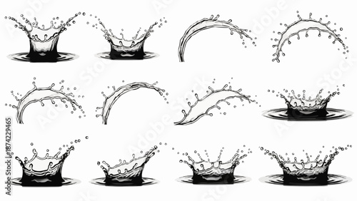 Collection of dynamic water splashes and droplets isolated on white background.