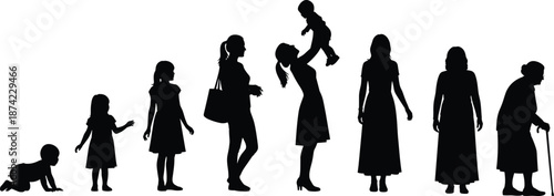 Silhouette of female life cycle stages, from crawling baby, child, teenager, young adult, mother holding baby, to middle-aged and elderly senior woman vector illustration