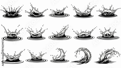 Collection of dynamic water splashes and waves in various forms.