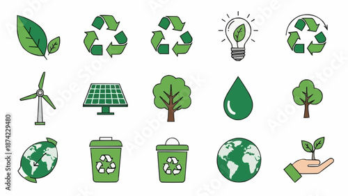 Collection of eco-friendly icons for environmental protection and sustainability.