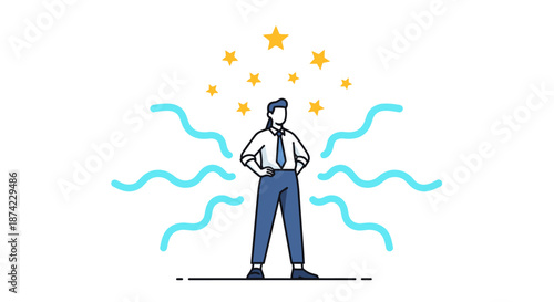 A confident businessman stands with hands on hips surrounded by swirling lines and stars with success and achievement and motivation and inspiration