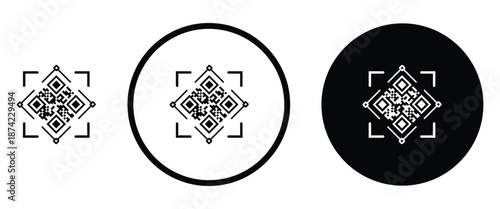 Three minimalist black and white QR code icons arranged horizontally on a transparent background. Left: standard square QR pattern. Center: QR inside thin white circle on black. Right: QR inside thick
