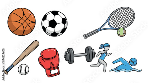 Colorful sports equipment and activities collection