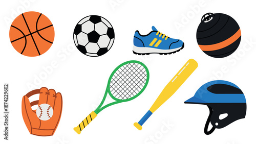 Colorful sports equipment collection for popular team and individual s