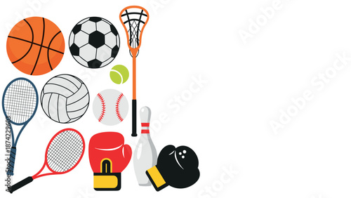 Colorful sports equipment collection on white background
