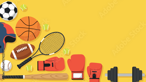Sports equipment background featuring various athletic gear on yellow