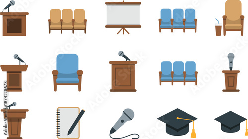 Flat design illustration set of podiums, microphones, chairs, graduation caps, and presentation icons for education and conference concepts