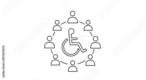A person in a wheelchair surrounded by a diverse group of people in a circular formation representing inclusion and accessibility with disability