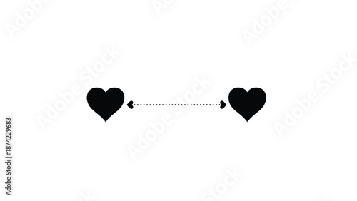 Two black heart shapes are connected by a dotted line representing distance and affection visually